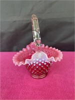 Vintage Fenton pink cranberry hobnail basket
