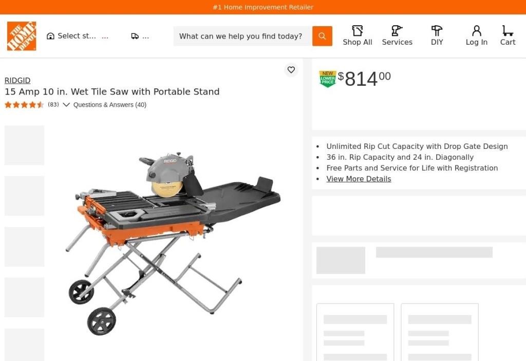 B3935  RIDGID Wet Tile Saw 15 Amp 10 w/ Stand