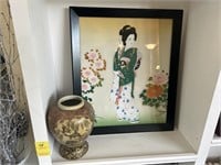 Japanese Lithograph Painting & Vase