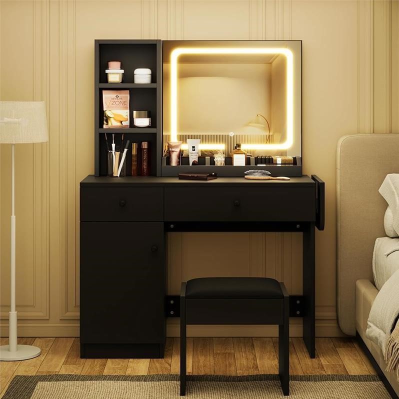 (Read)Vanity Desk with LED Light Mirror and Stool