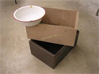 Vntg Wood Crates & Porcelain Coated Bowl