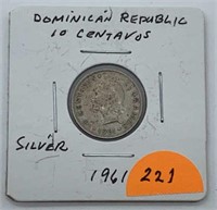 1961 Silver Dominican Republic 10 Centavos Coin