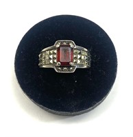 Sterling silver emerald cut garnet ring with