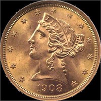 $5 Liberty Gold Half Eagles, With Motto, MS62