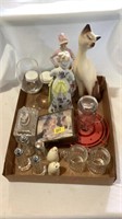 Figurines, salt and pepper shakers, glass cups,