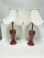 (2) Drip Glaze Ceramic Lamps Burgundy & Tan 28