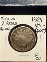 1824 Mexico 2 Reals Silver Coin-VG (Dent)