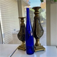 Candle Holders w/ Blue Bottle