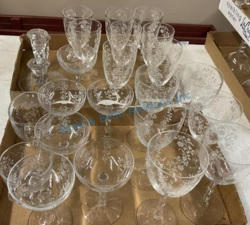Etched Glassware and candle holder