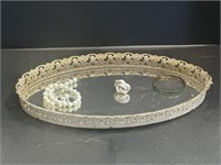 Oval mirrored vanity tray w/costume jewelry