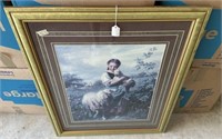 32"h., 26"w Framed Girl and Her Sheep Print