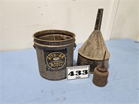 old bucket, funnel, oil can