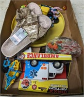 TRAY OF KIDS TOYS, SLIPPERS, MISC
