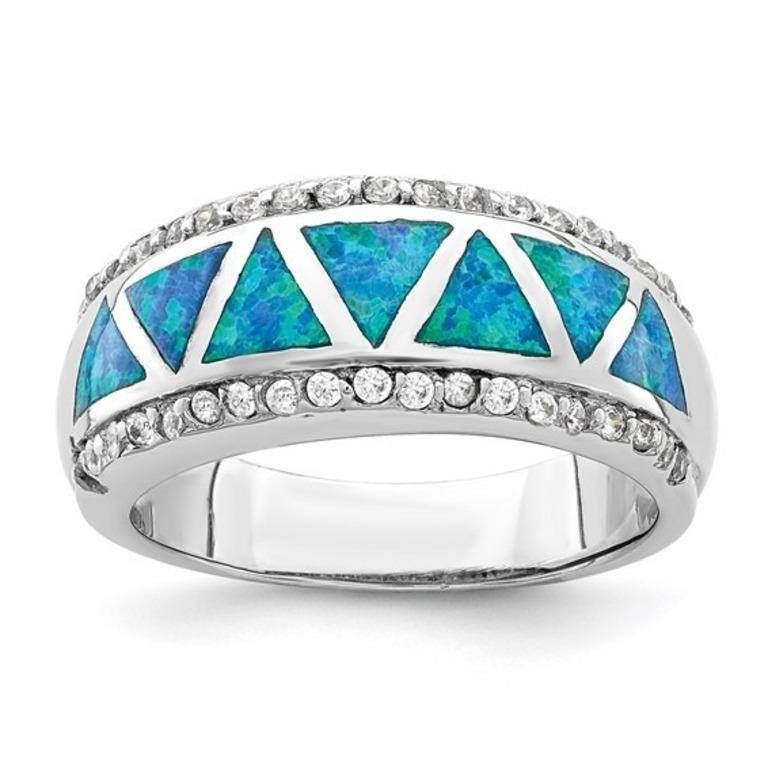 Sterling Silver Created Blue Opal Crystal Ring