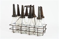 8 MOTOR OIL GLASS QUART BOTTLES WITH WIRE CARRIER