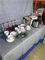Wine glasses, Keurig hot pot, cups and saucers,