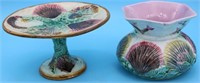 2 19TH C. SHELL PATTERN MAJOLICA PCS., COMPOTE 5"