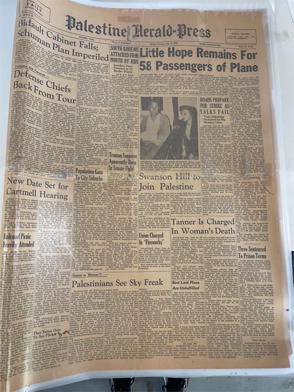 1950 Laminated Palestine Tx. Newspaper
