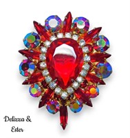 Vintage Delizza & Elster Red Rhinestone Brooch