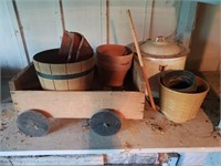 Enamel Pot w Lid, Decorative Wagon & Planters