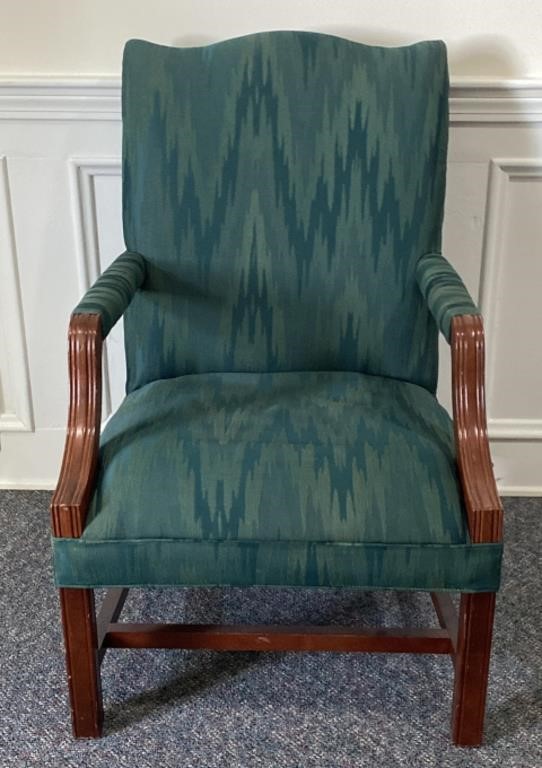 Mahogany and green upholstered arm chair