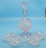 Cut Crystal Rectangle Dishes & Etched Bird Decante