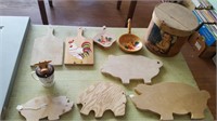 Wood Cut out Pigs, Cheese Box and other items