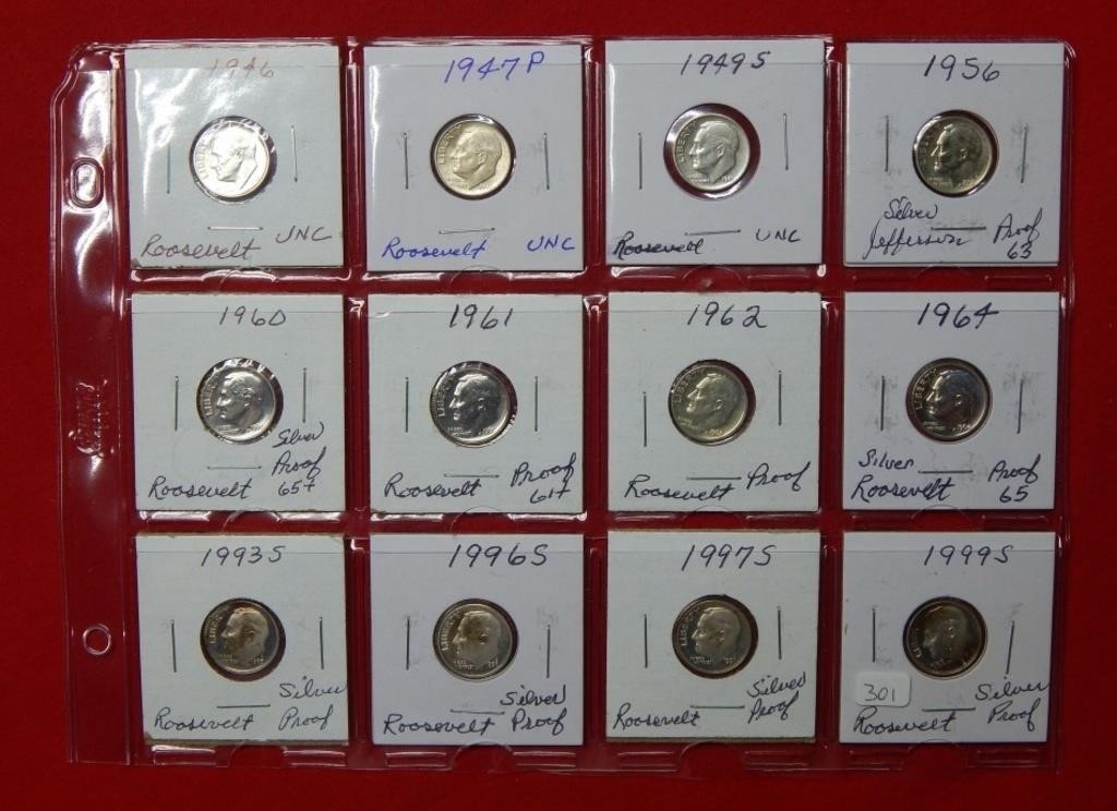 (12) Roosevelt Silver Dimes-1946-1947-1949 S -1956