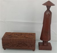 Rosewood statue and vintage carved wood box