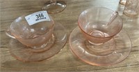 2 Cup and Saucer Sets - Pink Depression Glass