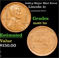 1948-p Lincoln Cent Major Mint Error 1c Grades Unc