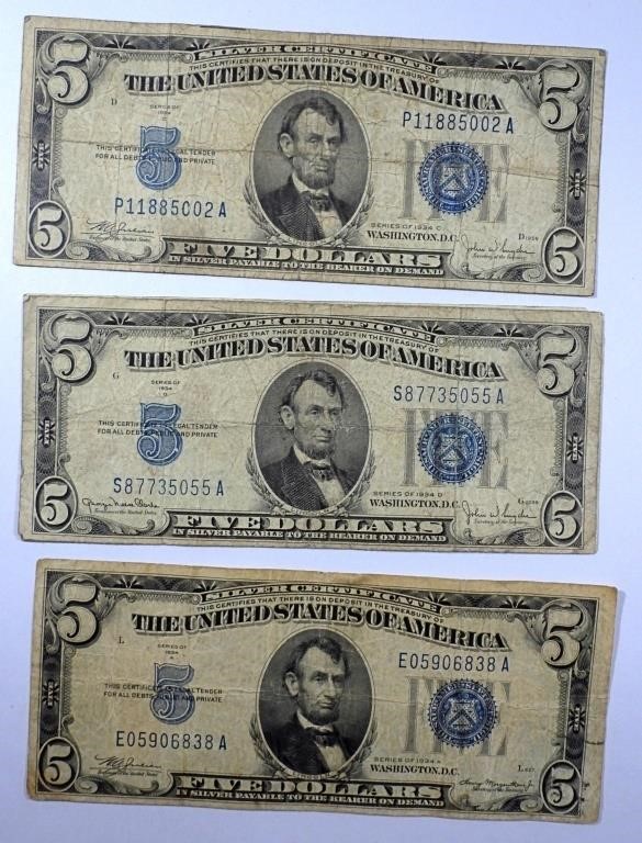 (3) 1934 $5 SILVER CERTIFICATES