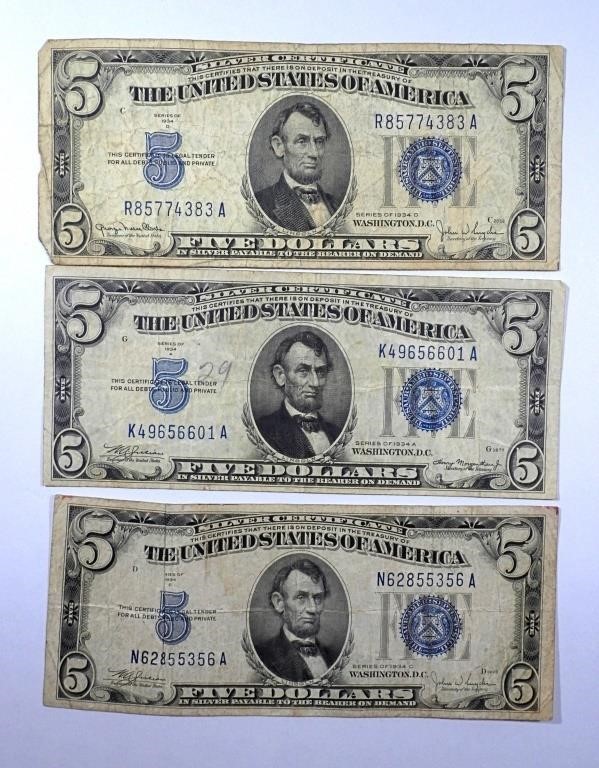 (3) 1934 $5 SILVER CERTIFICATES