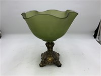 Antique Green Glass Candy Dish Brass Pedestal