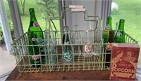Wire tote with vintage soda bottles/ advertising