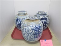 3 Blue Decorated 9” Oriental Jars w/Lids