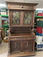 ANTIQUE CUPBOARD W/ LEADED STAINED GLASS DOORS -