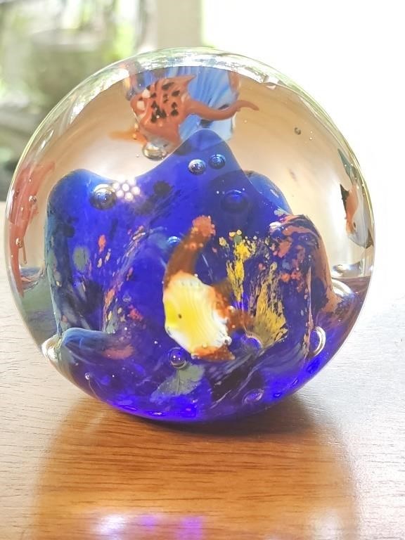 Vintage Round Art Glass Fish Paperweight Multi