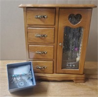 Wooden Jewelry Box w/Jewelry & Watch