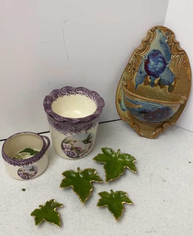 Pottery Wall Pocket, porcelain Leaves & Bowls