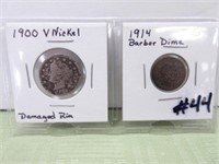 1900 V nickel (damaged), 1914 Barber Dime G