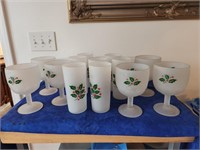 Vintage Frosted Christmas/Holly 6 Goblets and 7