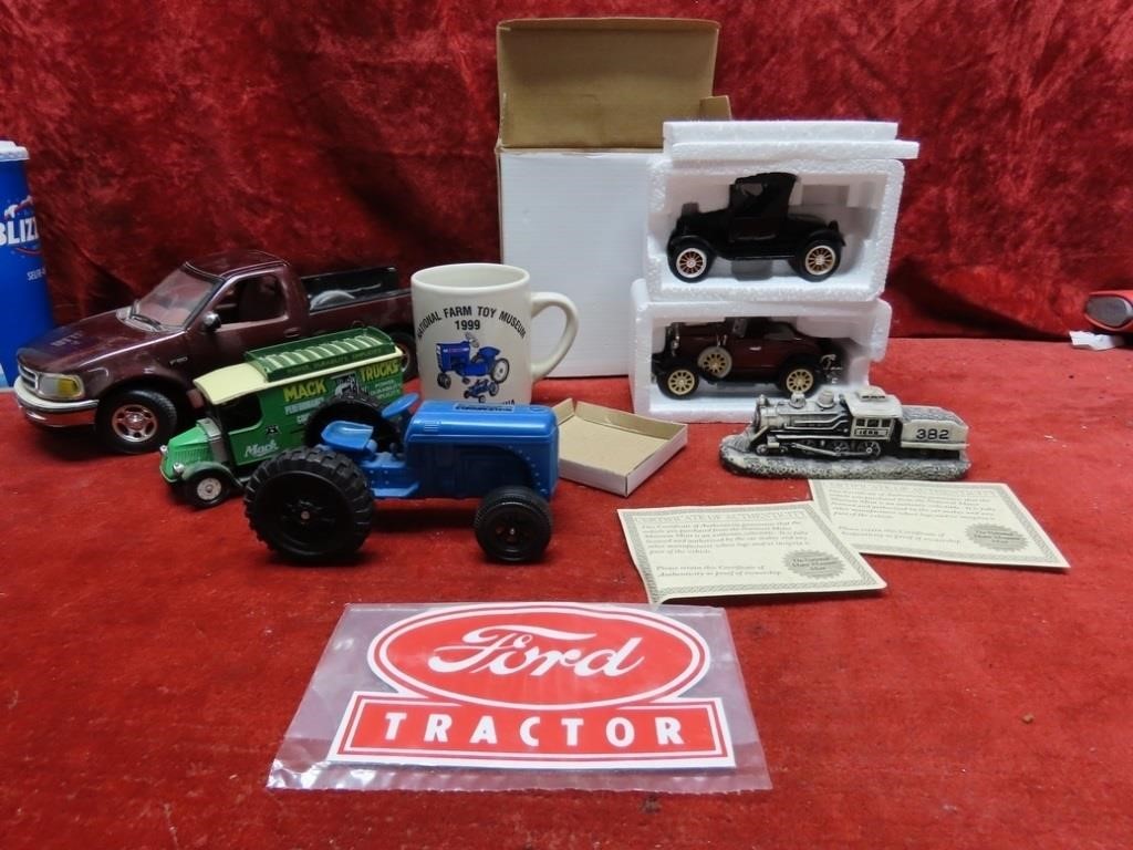 Diecast Ford cars, Truck F150, Kidde toy tractor.