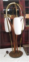 MCM TABLE LAMP (3) GLASS SHADES W/BRASS & WOOD.
