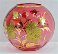 Vintage Cranberry w Gold Flower Glass Rose Bowl
