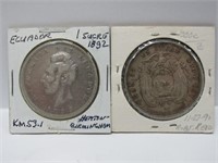 2 Silver Coins, Ecuador 1 sucre