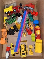 Box of vintage toy cars, Tonka, bulldozers, dump