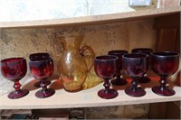 8 Ruby Water Goblets, Brown Pitcher 8" H