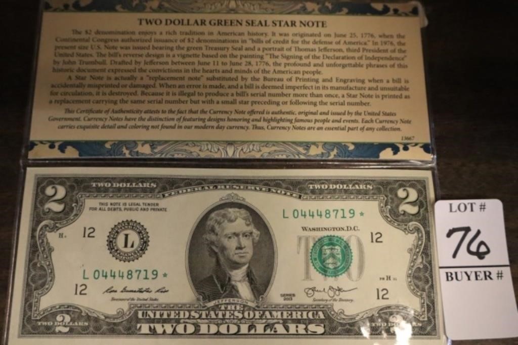 TWO DOLLAR GREEN SEAL STAR NOTE