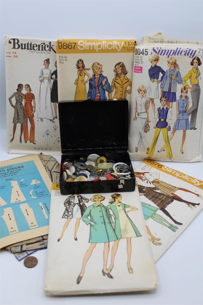 7 Vintage Sewing Patterns & Box of Buttons